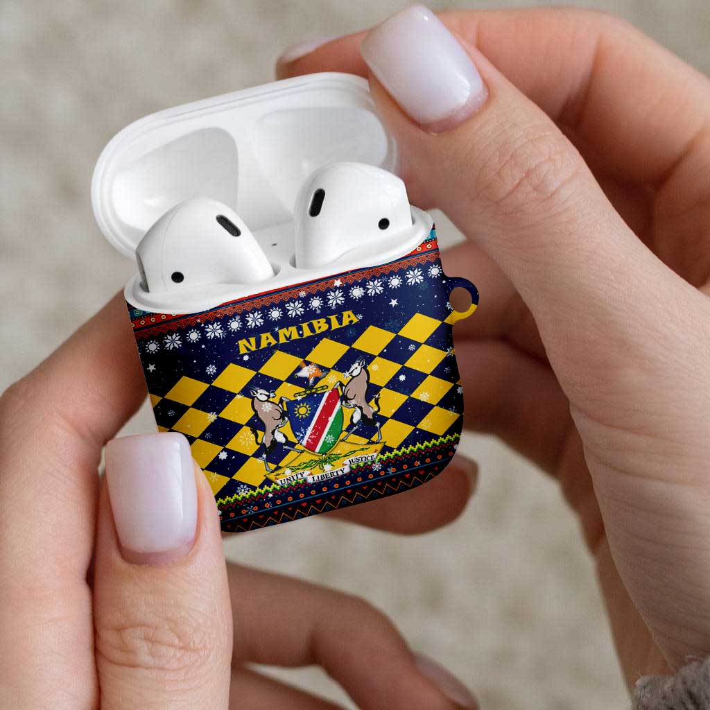 Namibia Christmas AirPods Case with Blue-Yellow Diamond Pattern, Coat of Arms, and Flag Map Motif - Wonder Print Shop