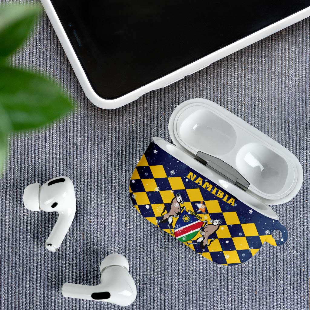 Namibia Christmas AirPods Case with Blue-Yellow Diamond Pattern, Coat of Arms, and Flag Map Motif - Wonder Print Shop