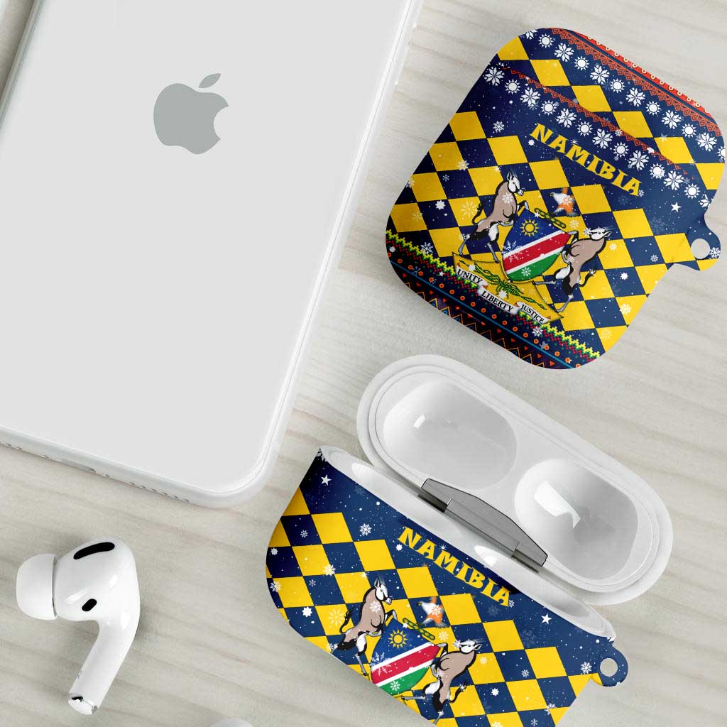 Namibia Christmas AirPods Case with Blue-Yellow Diamond Pattern, Coat of Arms, and Flag Map Motif - Wonder Print Shop