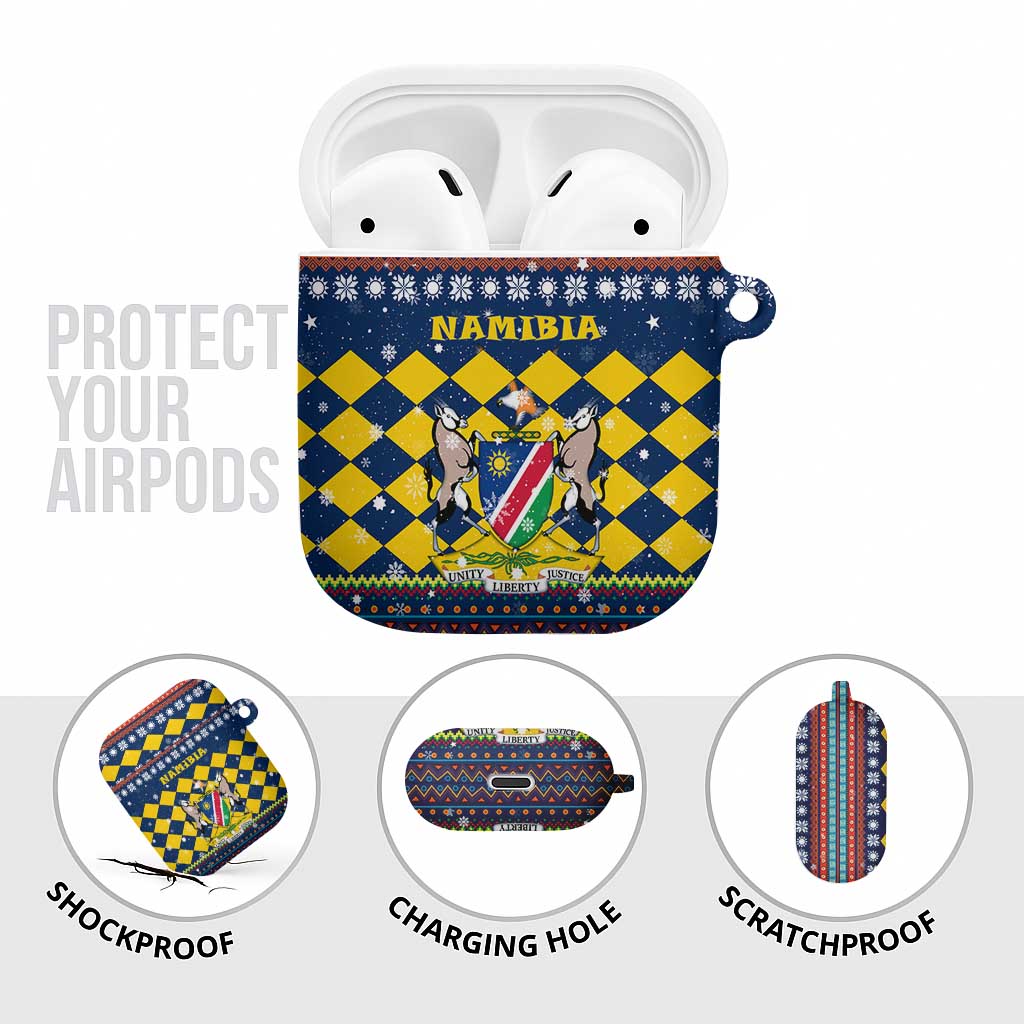 Namibia Christmas AirPods Case with Blue-Yellow Diamond Pattern, Coat of Arms, and Flag Map Motif - Wonder Print Shop