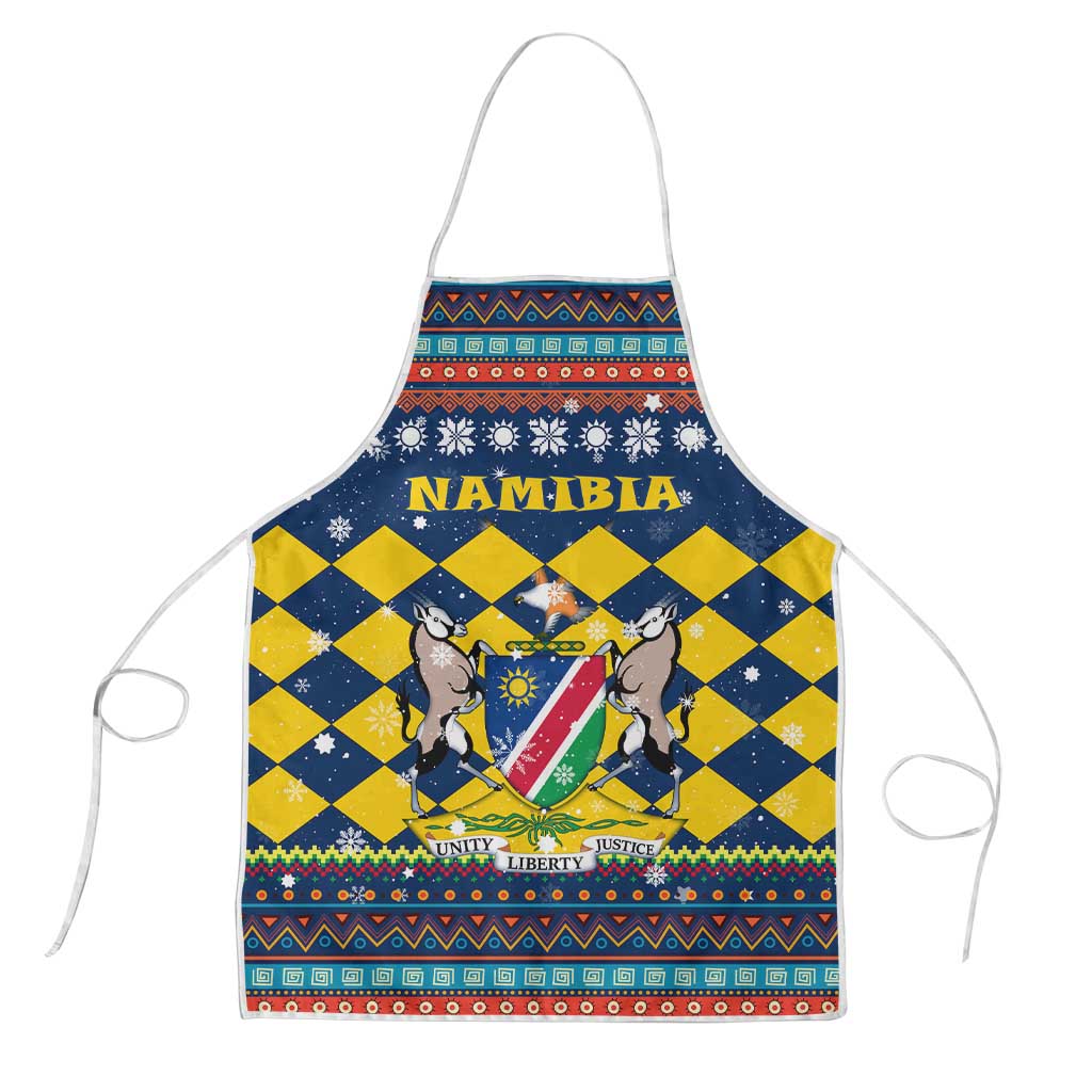 Namibia Christmas Apron with Blue-Yellow Diamond Pattern, Coat of Arms, and Flag Map Motif - Wonder Print Shop