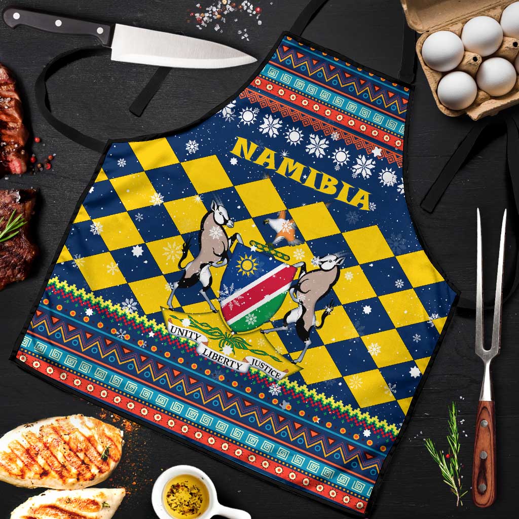 Namibia Christmas Apron with Blue-Yellow Diamond Pattern, Coat of Arms, and Flag Map Motif - Wonder Print Shop
