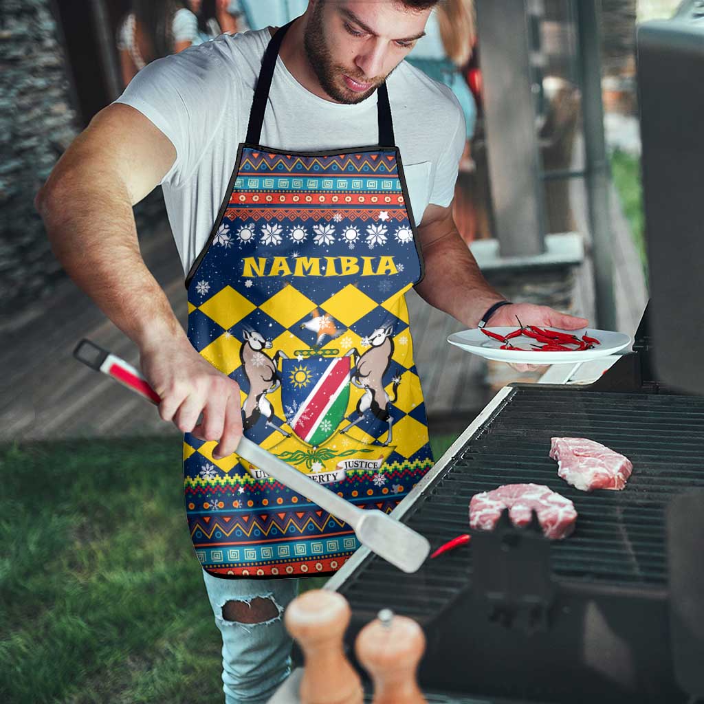 Namibia Christmas Apron with Blue-Yellow Diamond Pattern, Coat of Arms, and Flag Map Motif - Wonder Print Shop
