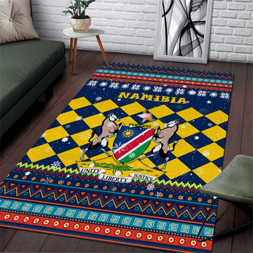 Namibia Christmas Area Rug with Blue-Yellow Diamond Pattern, Coat of Arms, and Flag Map Motif - Wonder Print Shop