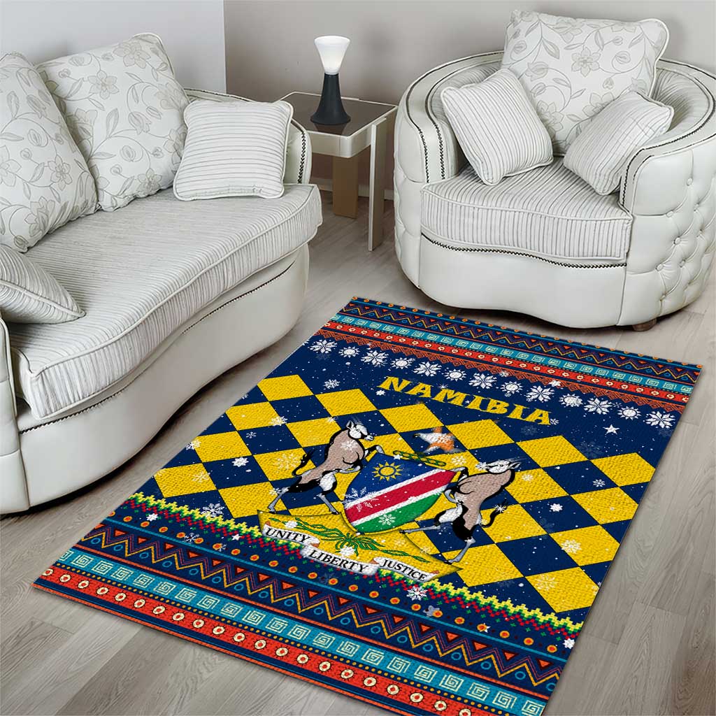 Namibia Christmas Area Rug with Blue-Yellow Diamond Pattern, Coat of Arms, and Flag Map Motif - Wonder Print Shop