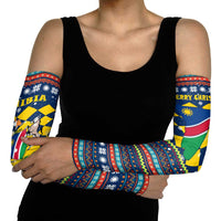 Namibia Christmas Arm Sleeves with Blue-Yellow Diamond Pattern, Coat of Arms, and Flag Map Motif - Wonder Print Shop