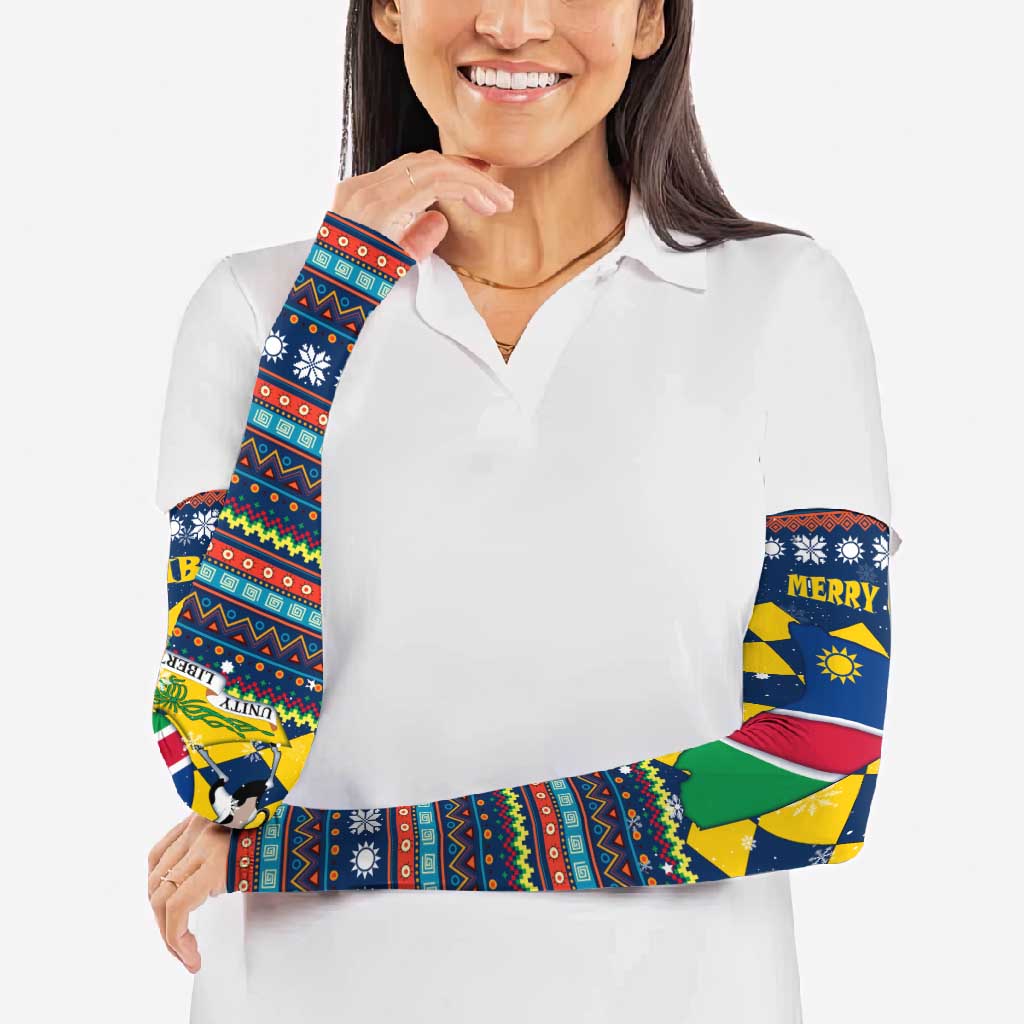 Namibia Christmas Arm Sleeves with Blue-Yellow Diamond Pattern, Coat of Arms, and Flag Map Motif - Wonder Print Shop
