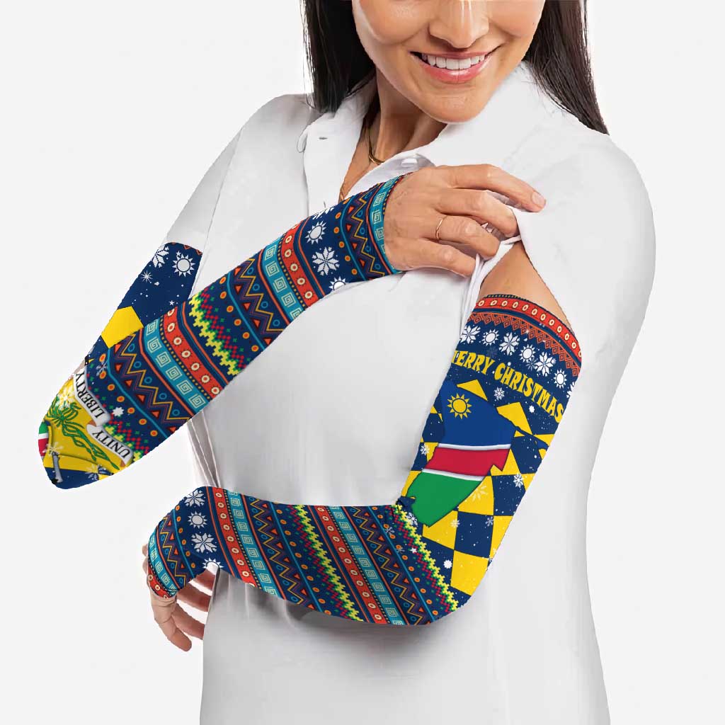 Namibia Christmas Arm Sleeves with Blue-Yellow Diamond Pattern, Coat of Arms, and Flag Map Motif - Wonder Print Shop