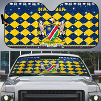 Namibia Christmas Auto Sun Shade with Blue-Yellow Diamond Pattern, Coat of Arms, and Flag Map Motif - Wonder Print Shop