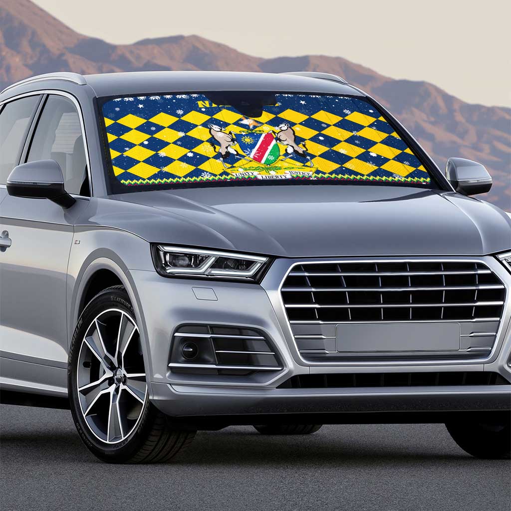 Namibia Christmas Auto Sun Shade with Blue-Yellow Diamond Pattern, Coat of Arms, and Flag Map Motif - Wonder Print Shop
