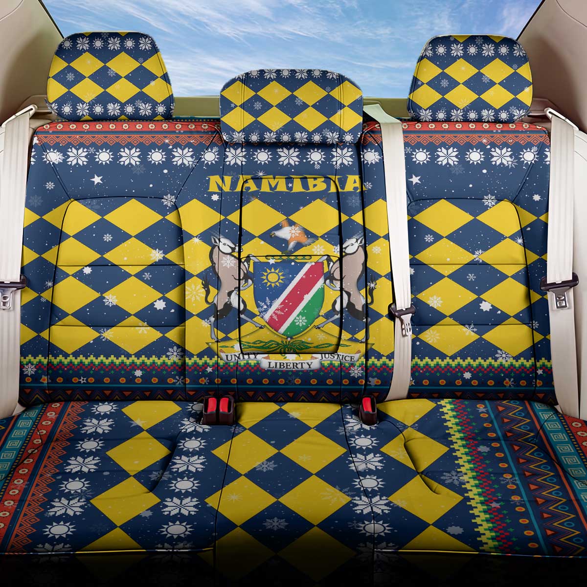 Namibia Christmas Back Car Seat Cover with Blue-Yellow Diamond Pattern, Coat of Arms, and Flag Map Motif - Wonder Print Shop
