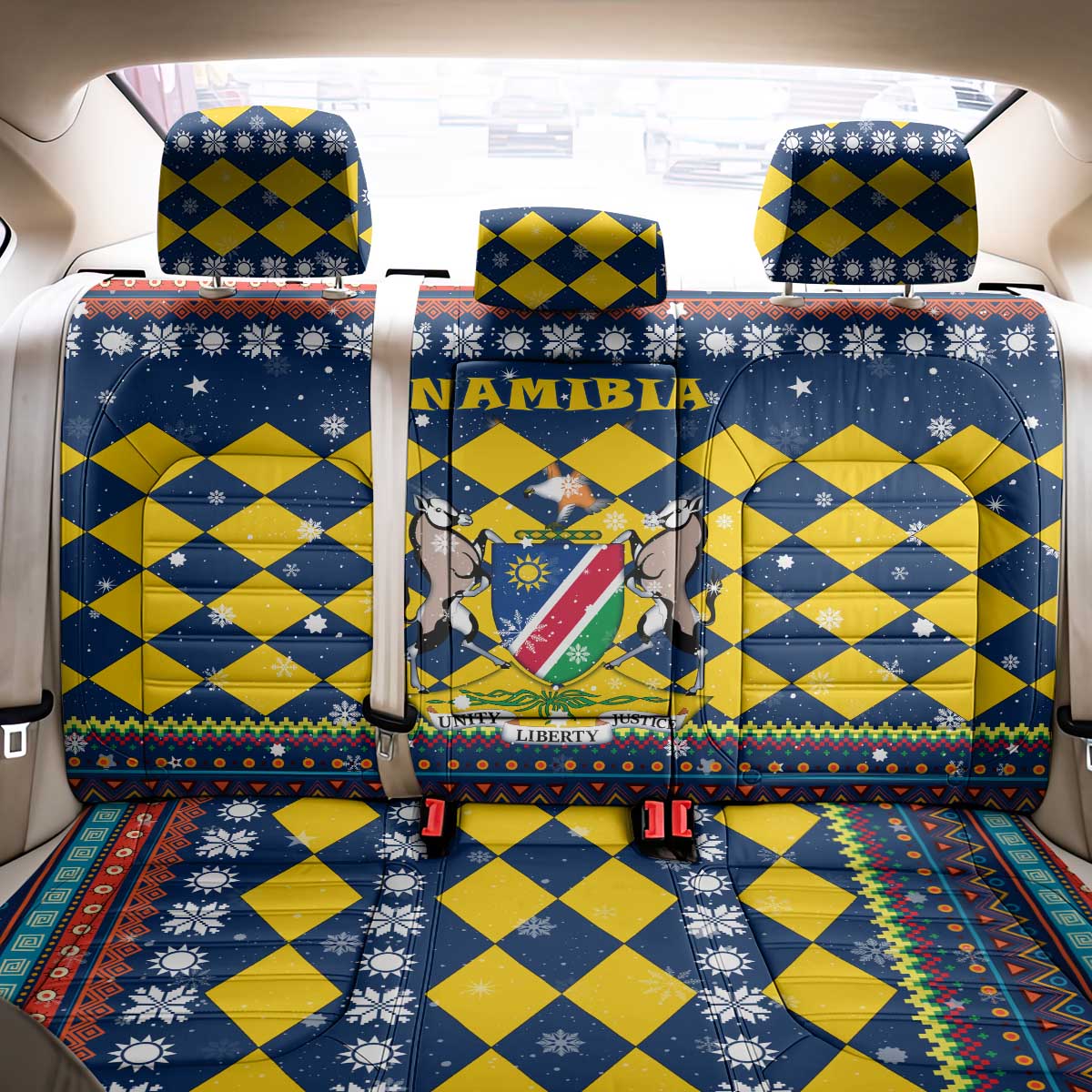 Namibia Christmas Back Car Seat Cover with Blue-Yellow Diamond Pattern, Coat of Arms, and Flag Map Motif - Wonder Print Shop