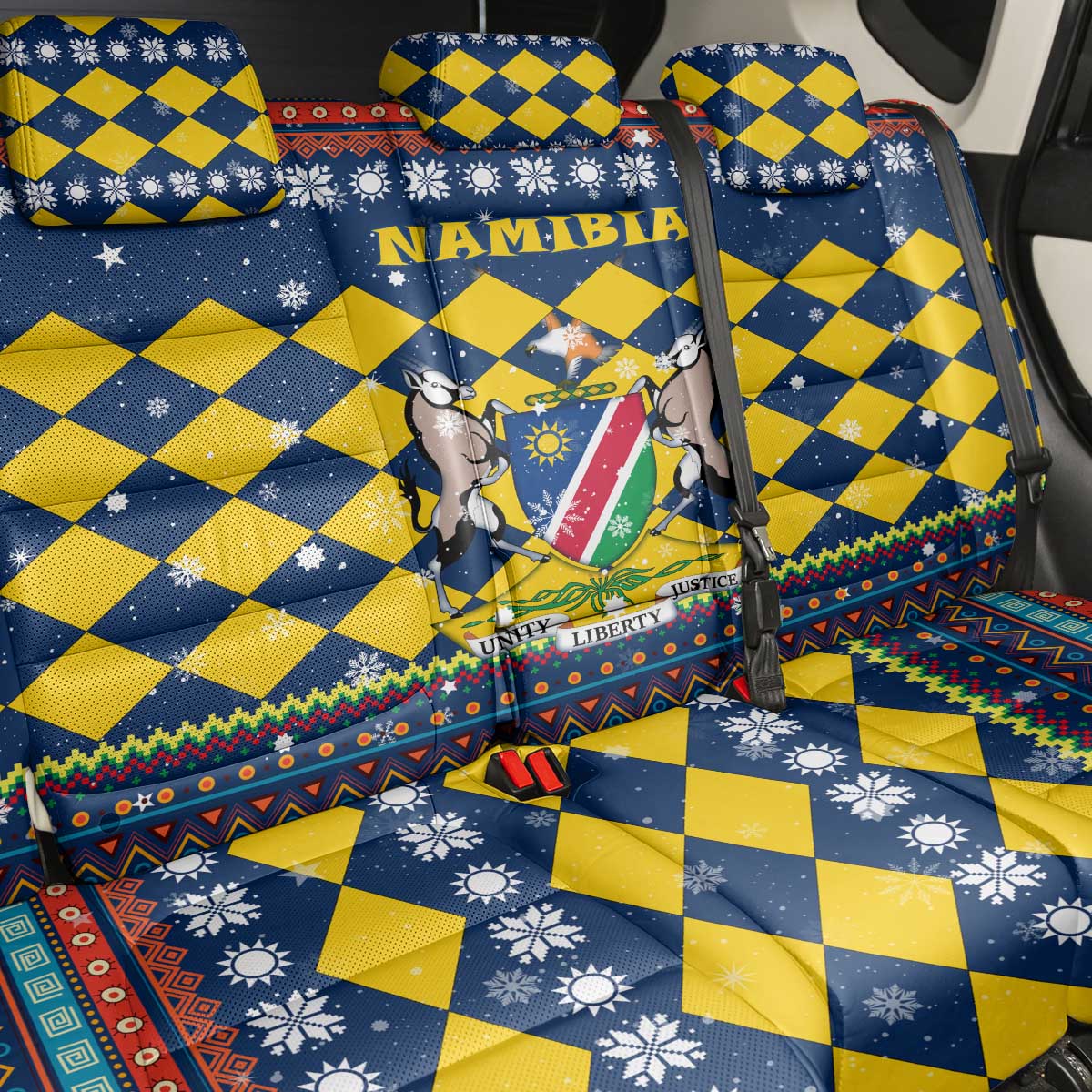 Namibia Christmas Back Car Seat Cover with Blue-Yellow Diamond Pattern, Coat of Arms, and Flag Map Motif - Wonder Print Shop