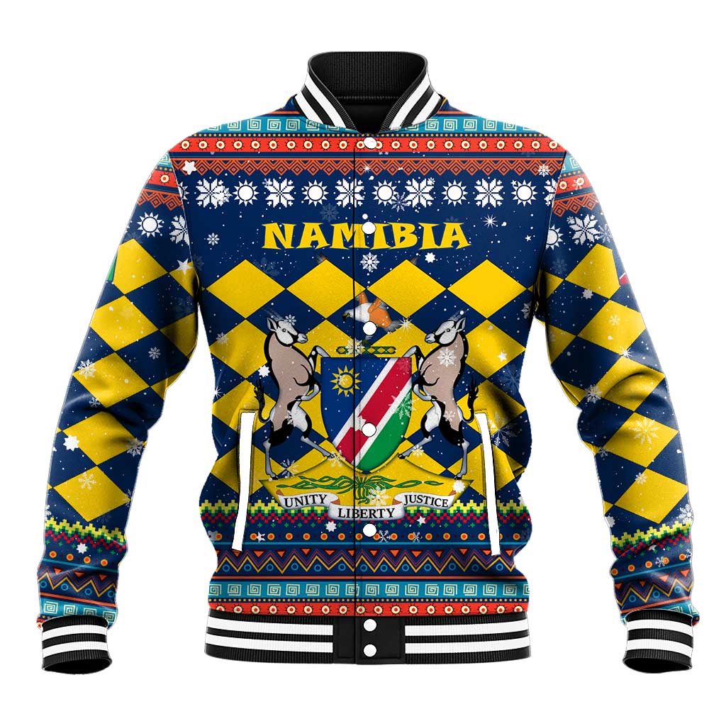 Namibia Christmas Baseball Jacket with Blue-Yellow Diamond Pattern, Coat of Arms, and Flag Map Motif - Wonder Print Shop