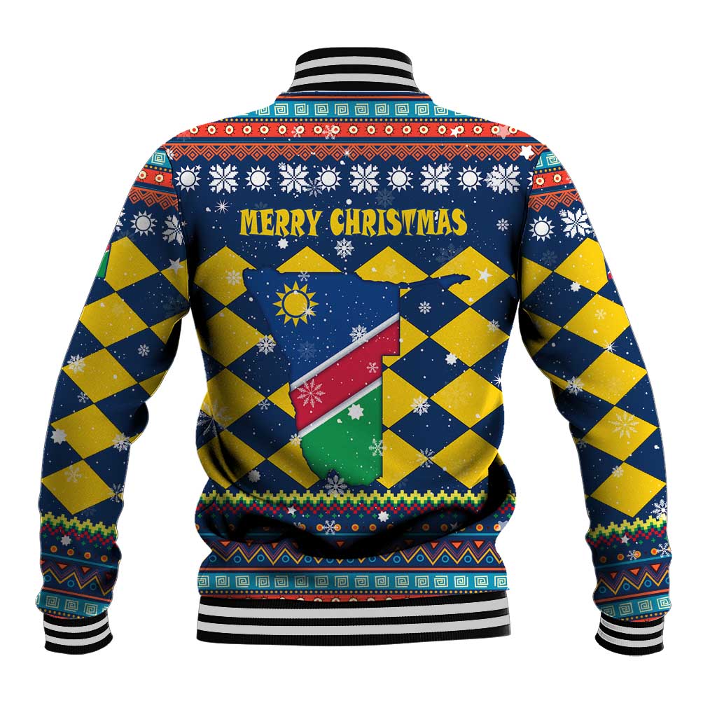 Namibia Christmas Baseball Jacket with Blue-Yellow Diamond Pattern, Coat of Arms, and Flag Map Motif - Wonder Print Shop
