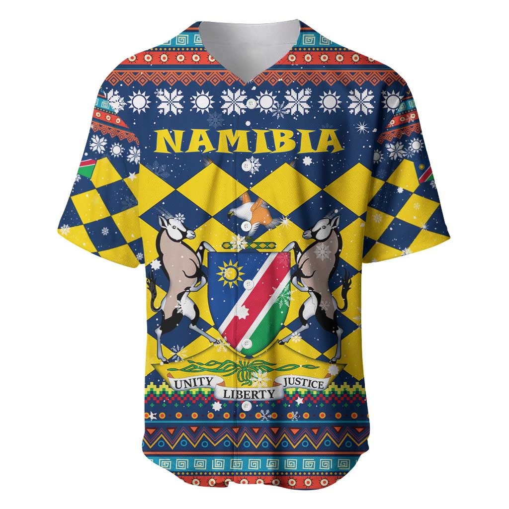 Namibia Christmas Baseball Jersey with Blue-Yellow Diamond Pattern, Coat of Arms, and Flag Map Motif - Wonder Print Shop