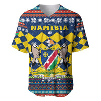 Namibia Christmas Baseball Jersey with Blue-Yellow Diamond Pattern, Coat of Arms, and Flag Map Motif - Wonder Print Shop