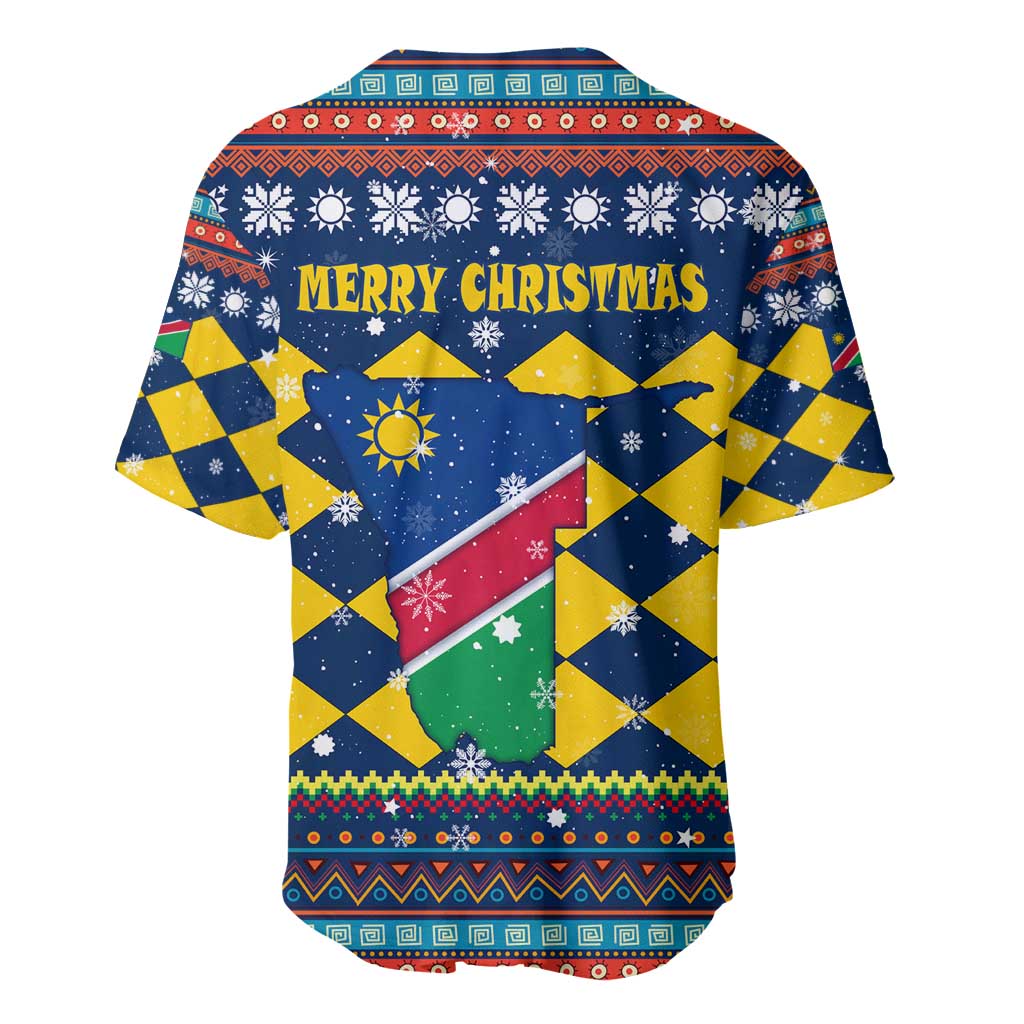Namibia Christmas Baseball Jersey with Blue-Yellow Diamond Pattern, Coat of Arms, and Flag Map Motif - Wonder Print Shop