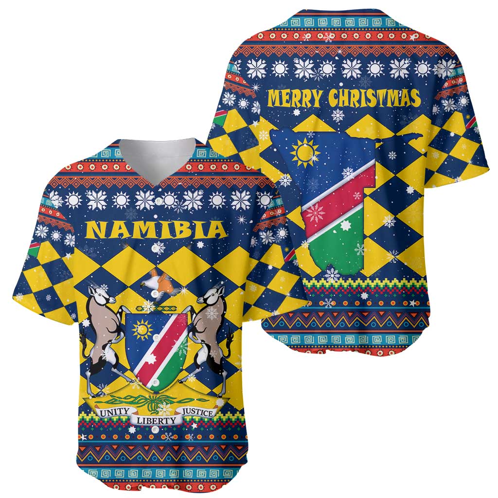 Namibia Christmas Baseball Jersey with Blue-Yellow Diamond Pattern, Coat of Arms, and Flag Map Motif - Wonder Print Shop