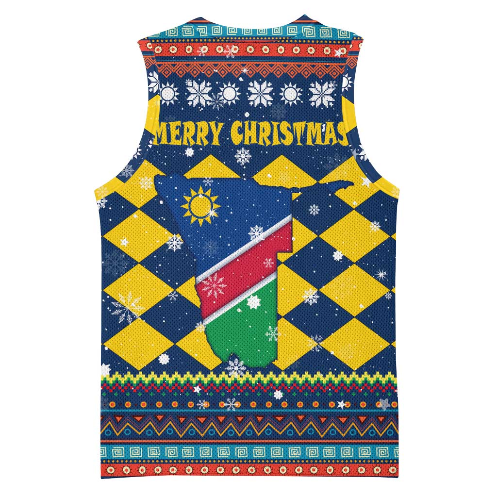 Namibia Christmas Basketball Jersey with Blue-Yellow Diamond Pattern, Coat of Arms, and Flag Map Motif - Wonder Print Shop