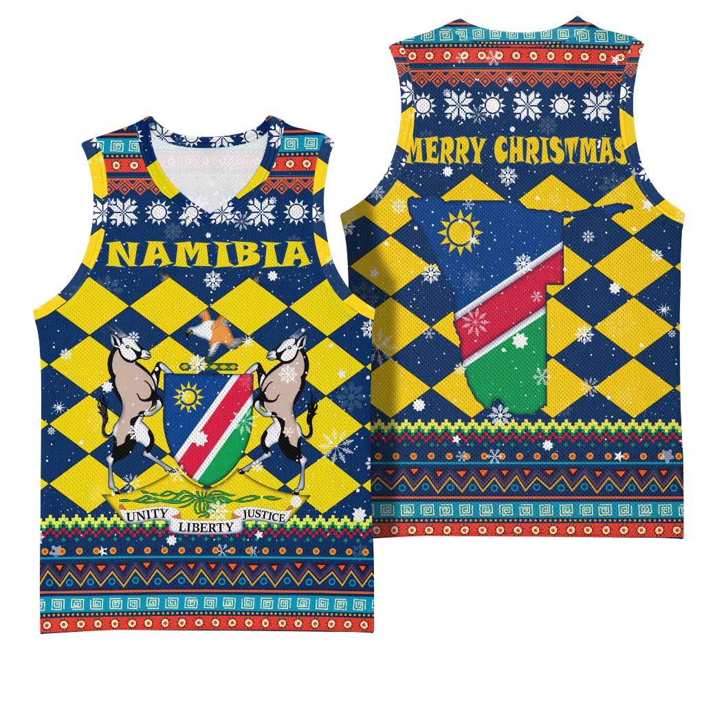 Namibia Christmas Basketball Jersey with Blue-Yellow Diamond Pattern, Coat of Arms, and Flag Map Motif - Wonder Print Shop