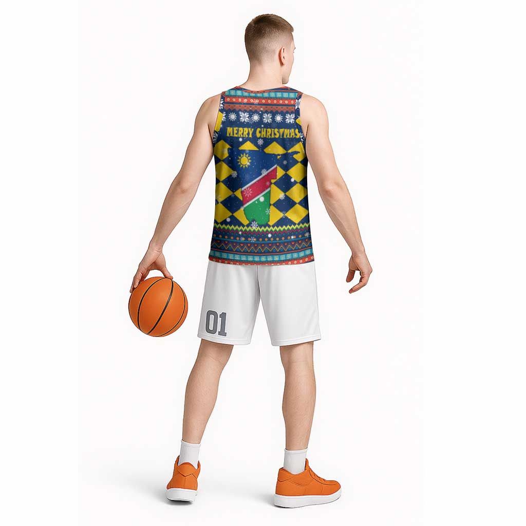 Namibia Christmas Basketball Jersey with Blue-Yellow Diamond Pattern, Coat of Arms, and Flag Map Motif - Wonder Print Shop
