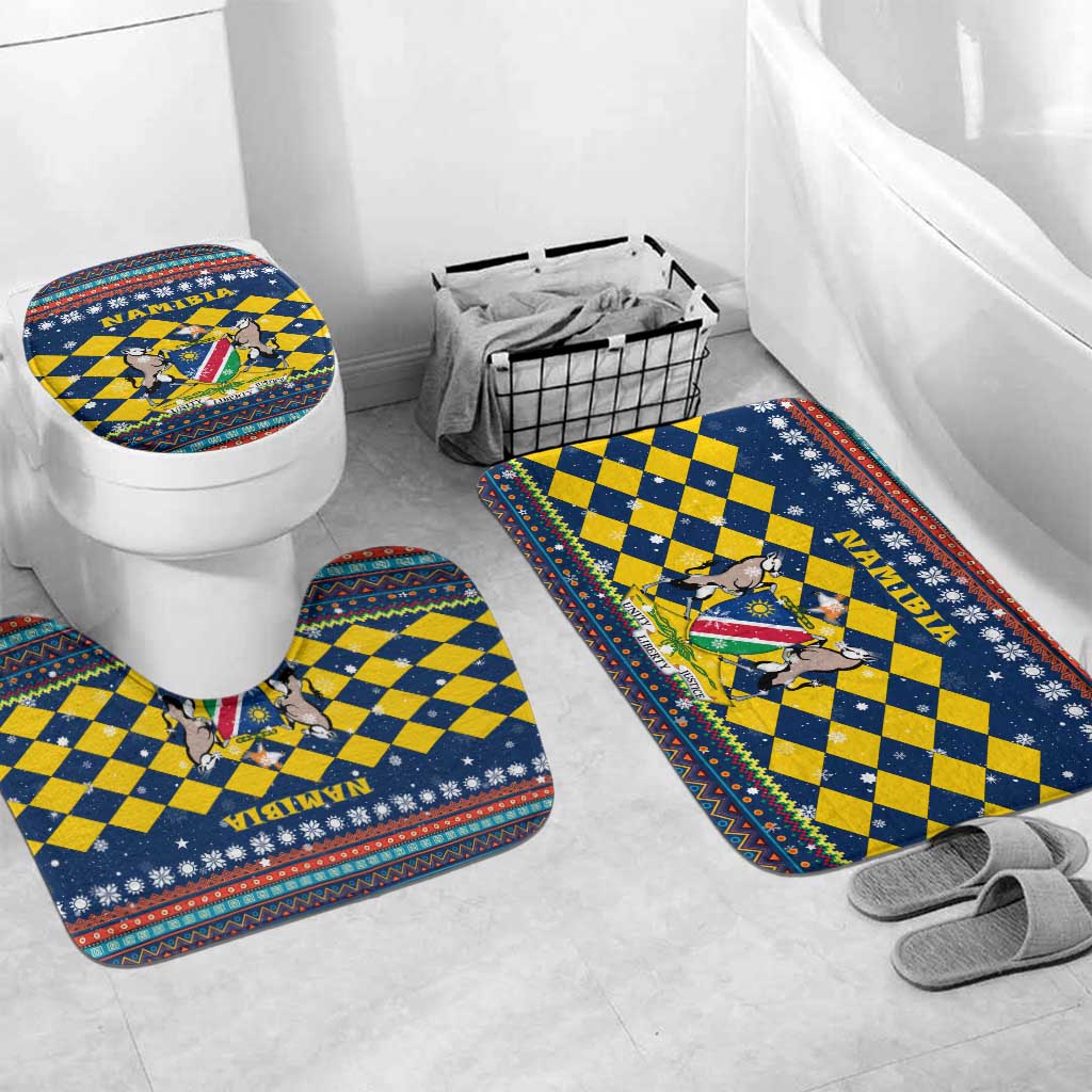 Namibia Christmas Bathroom Set with Blue-Yellow Diamond Pattern, Coat of Arms, and Flag Map Motif - Wonder Print Shop