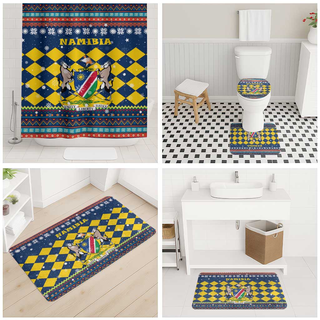 Namibia Christmas Bathroom Set with Blue-Yellow Diamond Pattern, Coat of Arms, and Flag Map Motif - Wonder Print Shop