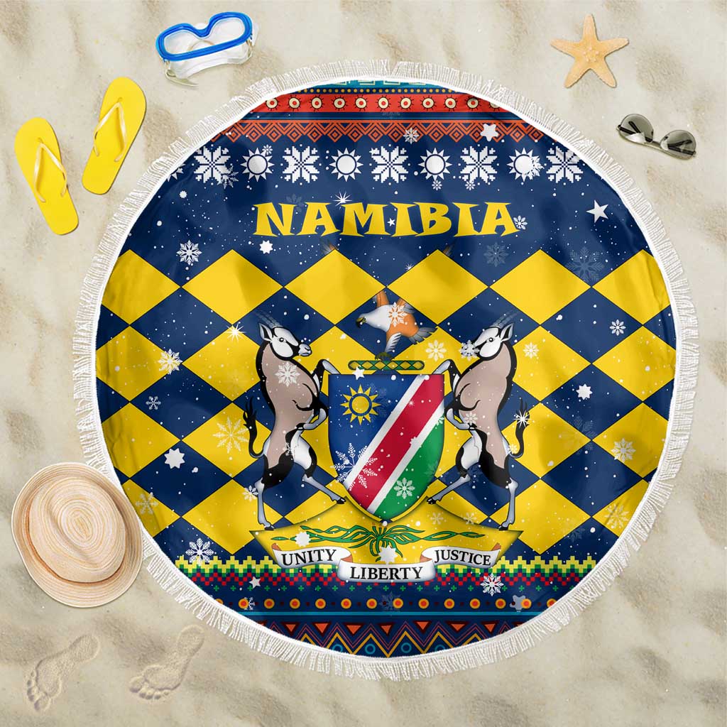 Namibia Christmas Beach Blanket with Blue-Yellow Diamond Pattern, Coat of Arms, and Flag Map Motif - Wonder Print Shop
