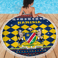 Namibia Christmas Beach Blanket with Blue-Yellow Diamond Pattern, Coat of Arms, and Flag Map Motif - Wonder Print Shop