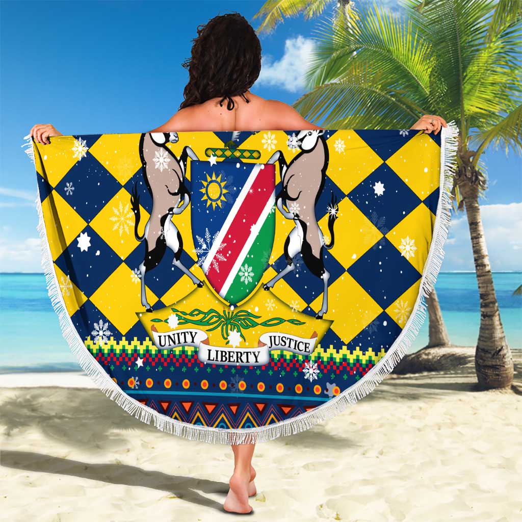 Namibia Christmas Beach Blanket with Blue-Yellow Diamond Pattern, Coat of Arms, and Flag Map Motif - Wonder Print Shop