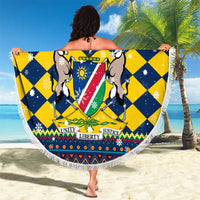 Namibia Christmas Beach Blanket with Blue-Yellow Diamond Pattern, Coat of Arms, and Flag Map Motif - Wonder Print Shop