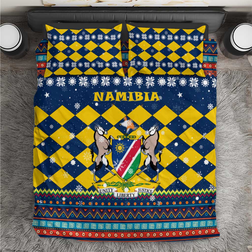 Namibia Christmas Bedding Set with Blue-Yellow Diamond Pattern, Coat of Arms, and Flag Map Motif - Wonder Print Shop