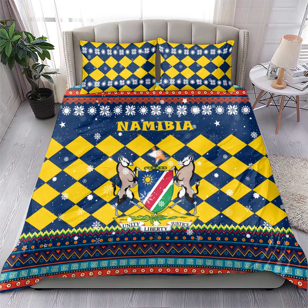 Namibia Christmas Bedding Set with Blue-Yellow Diamond Pattern, Coat of Arms, and Flag Map Motif - Wonder Print Shop