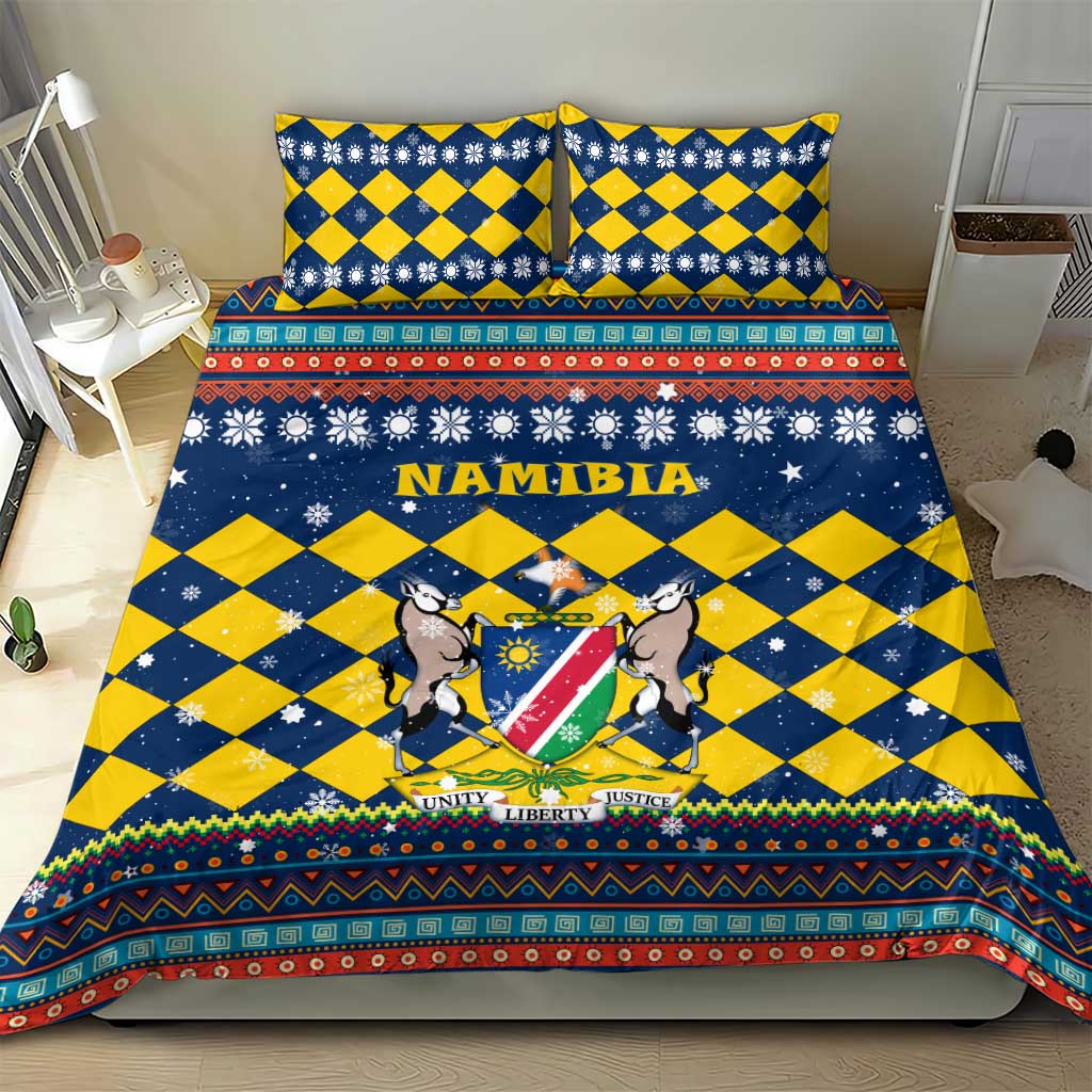 Namibia Christmas Bedding Set with Blue-Yellow Diamond Pattern, Coat of Arms, and Flag Map Motif - Wonder Print Shop