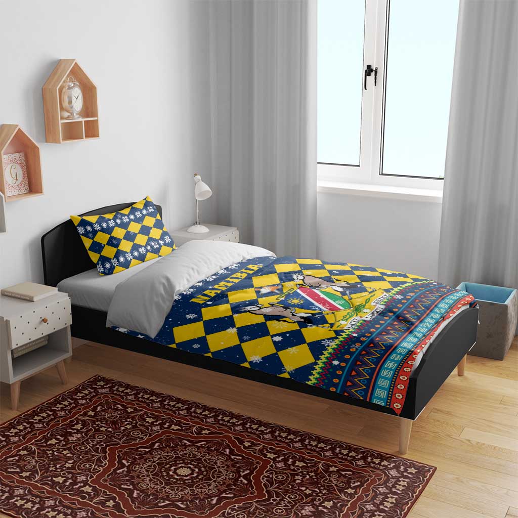 Namibia Christmas Bedding Set with Blue-Yellow Diamond Pattern, Coat of Arms, and Flag Map Motif - Wonder Print Shop