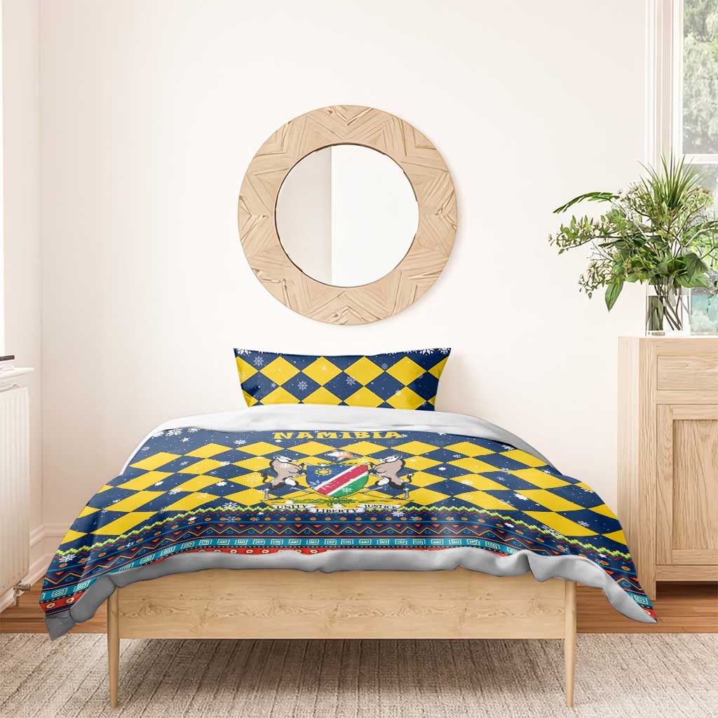 Namibia Christmas Bedding Set with Blue-Yellow Diamond Pattern, Coat of Arms, and Flag Map Motif - Wonder Print Shop