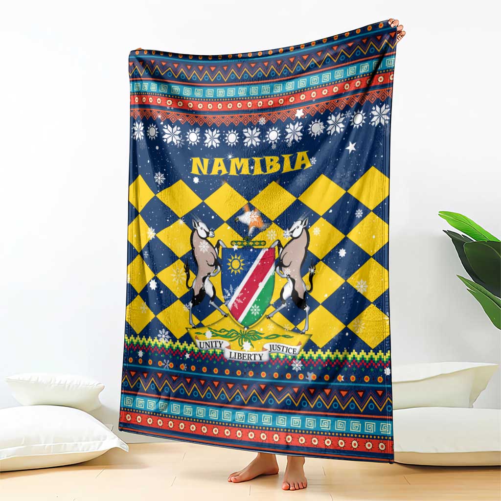 Namibia Christmas Blanket with Blue-Yellow Diamond Pattern, Coat of Arms, and Flag Map Motif - Wonder Print Shop