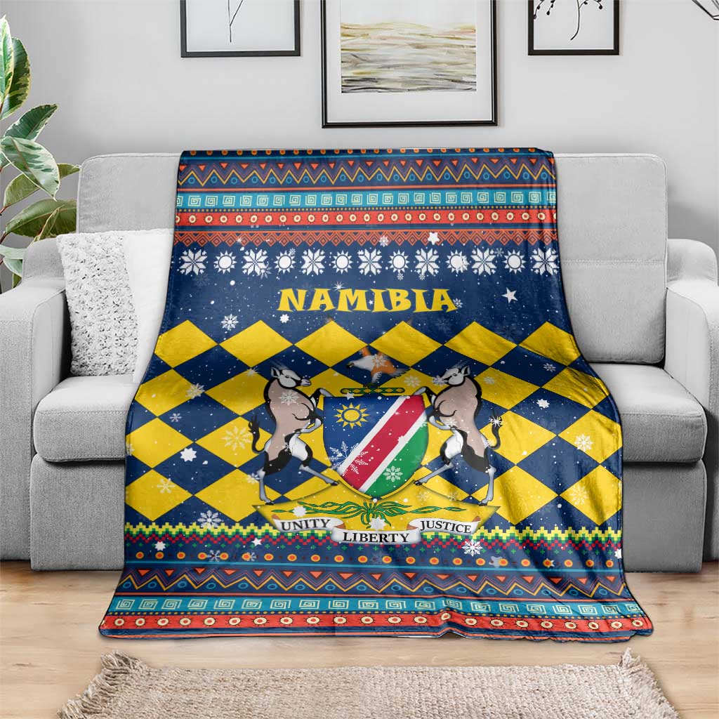 Namibia Christmas Blanket with Blue-Yellow Diamond Pattern, Coat of Arms, and Flag Map Motif - Wonder Print Shop