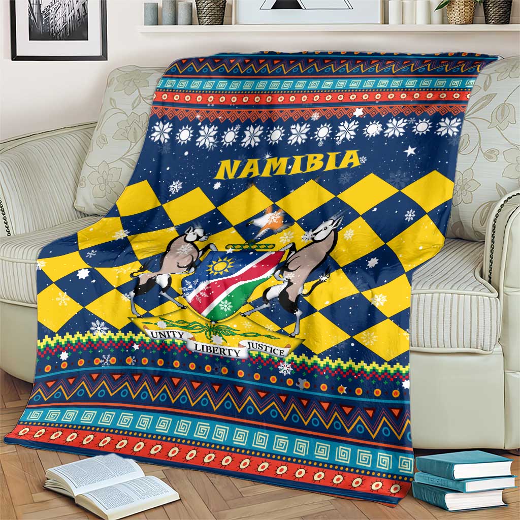 Namibia Christmas Blanket with Blue-Yellow Diamond Pattern, Coat of Arms, and Flag Map Motif - Wonder Print Shop