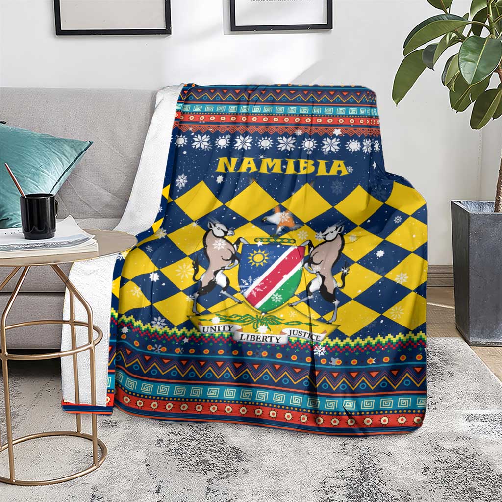 Namibia Christmas Blanket with Blue-Yellow Diamond Pattern, Coat of Arms, and Flag Map Motif - Wonder Print Shop