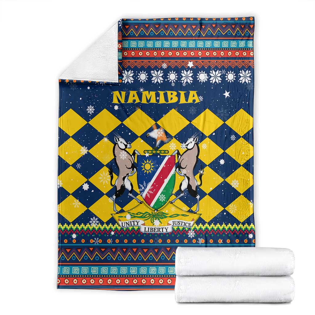 Namibia Christmas Blanket with Blue-Yellow Diamond Pattern, Coat of Arms, and Flag Map Motif - Wonder Print Shop