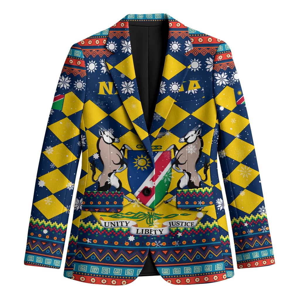 Namibia Christmas Blazer with Blue-Yellow Diamond Pattern, Coat of Arms, and Flag Map Motif - Wonder Print Shop