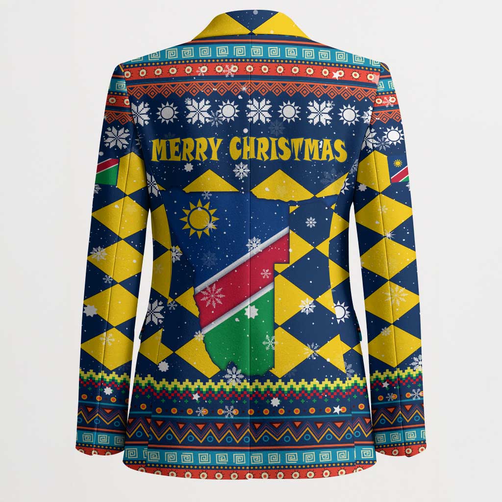 Namibia Christmas Blazer with Blue-Yellow Diamond Pattern, Coat of Arms, and Flag Map Motif - Wonder Print Shop