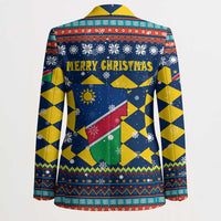 Namibia Christmas Blazer with Blue-Yellow Diamond Pattern, Coat of Arms, and Flag Map Motif - Wonder Print Shop
