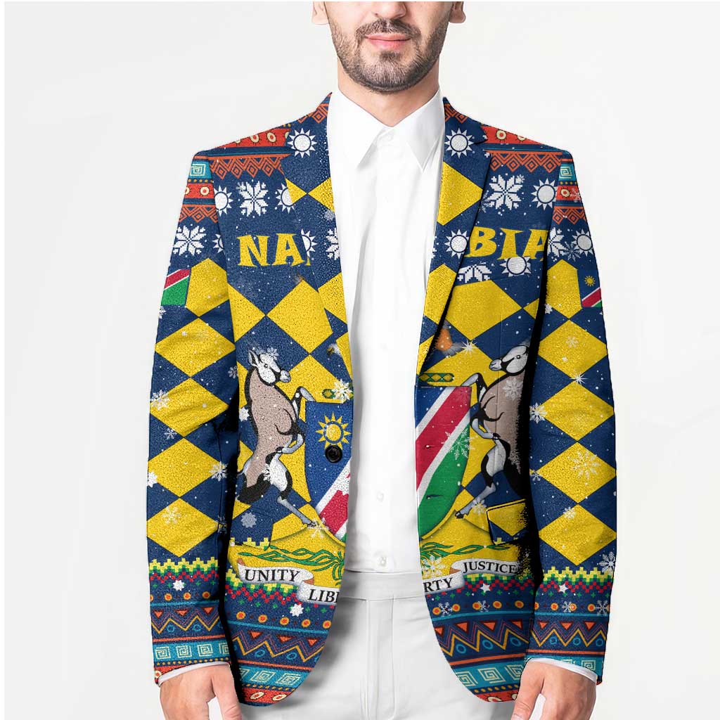 Namibia Christmas Blazer with Blue-Yellow Diamond Pattern, Coat of Arms, and Flag Map Motif - Wonder Print Shop