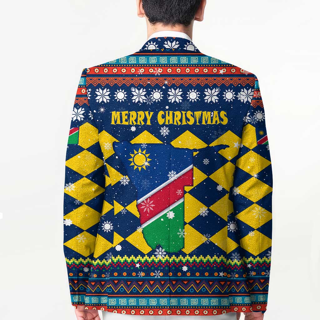 Namibia Christmas Blazer with Blue-Yellow Diamond Pattern, Coat of Arms, and Flag Map Motif - Wonder Print Shop