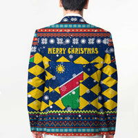 Namibia Christmas Blazer with Blue-Yellow Diamond Pattern, Coat of Arms, and Flag Map Motif - Wonder Print Shop