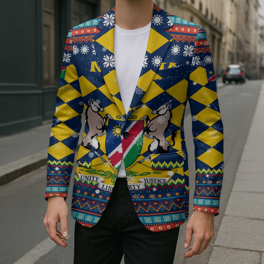Namibia Christmas Blazer with Blue-Yellow Diamond Pattern, Coat of Arms, and Flag Map Motif - Wonder Print Shop