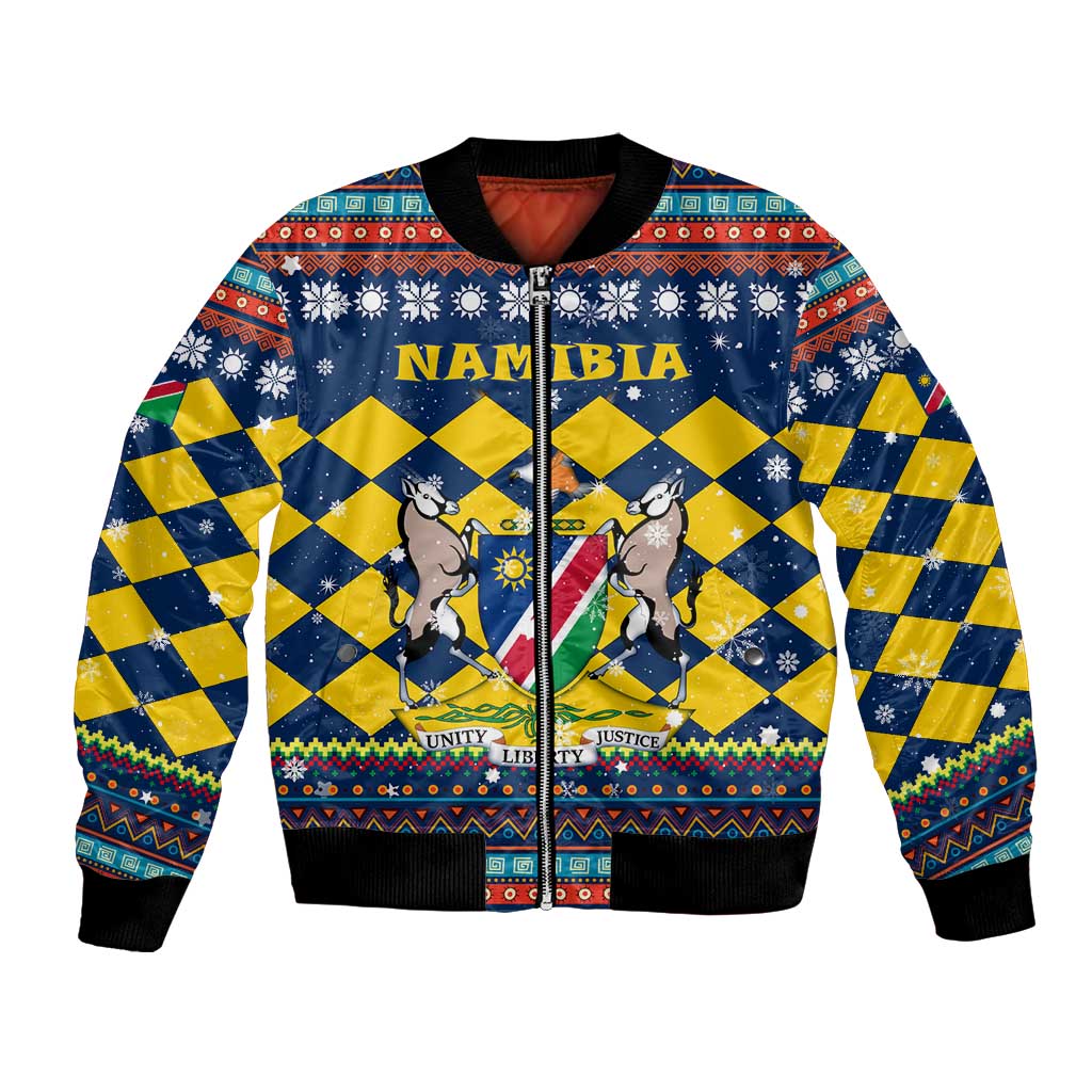 Namibia Christmas Bomber Jacket with Blue-Yellow Diamond Pattern, Coat of Arms, and Flag Map Motif - Wonder Print Shop